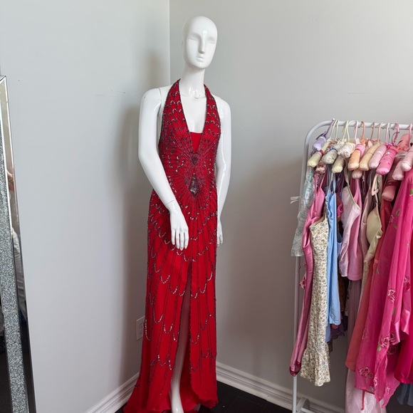 Vintage Red Beaded Gown Art Deco Revival Halter Dress | Old Hollywood Glamour 4 - Picture 2 of 12